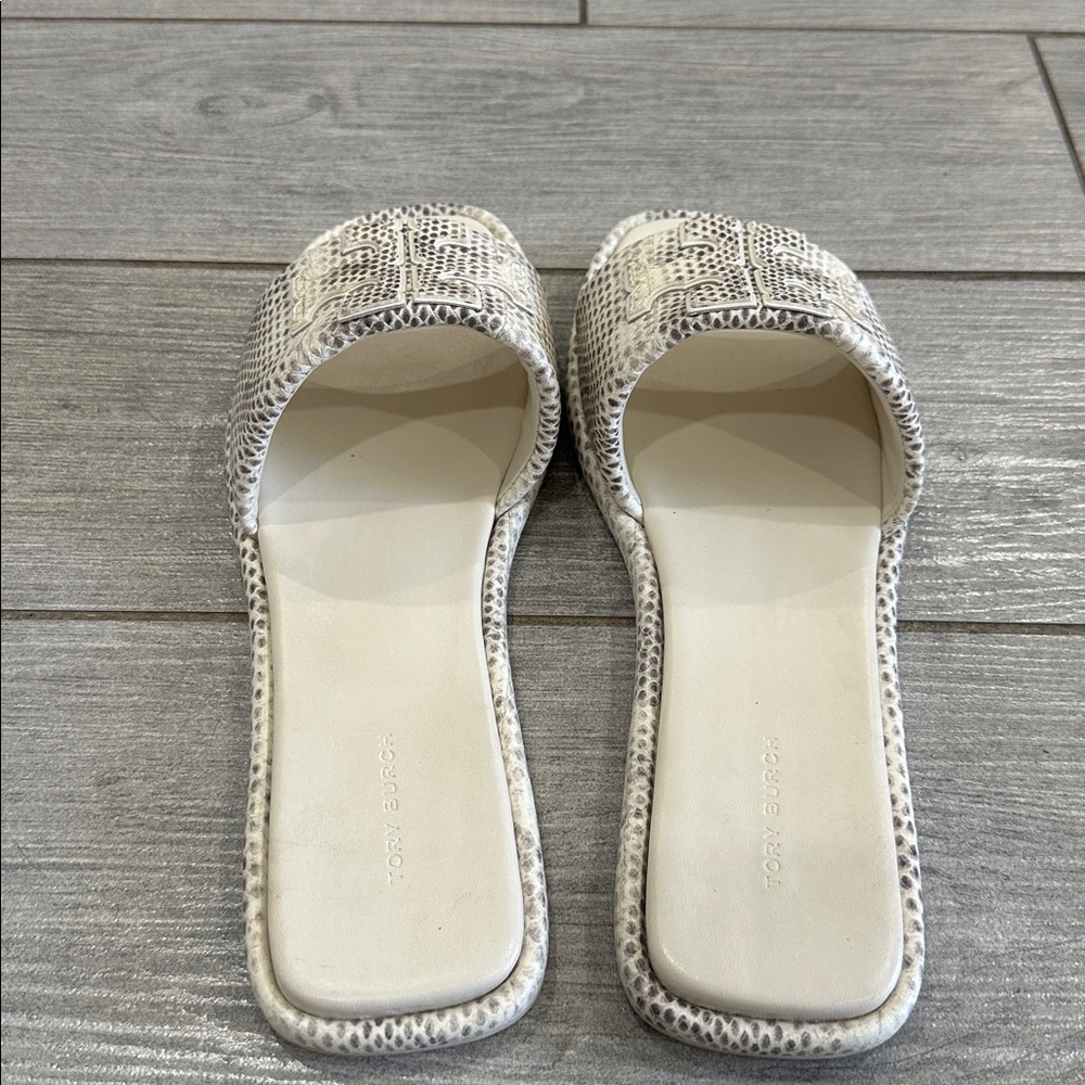 Tory Burch Double T Leather Snake Embossed Smoke Roccia Slides - Picture 5 of 9